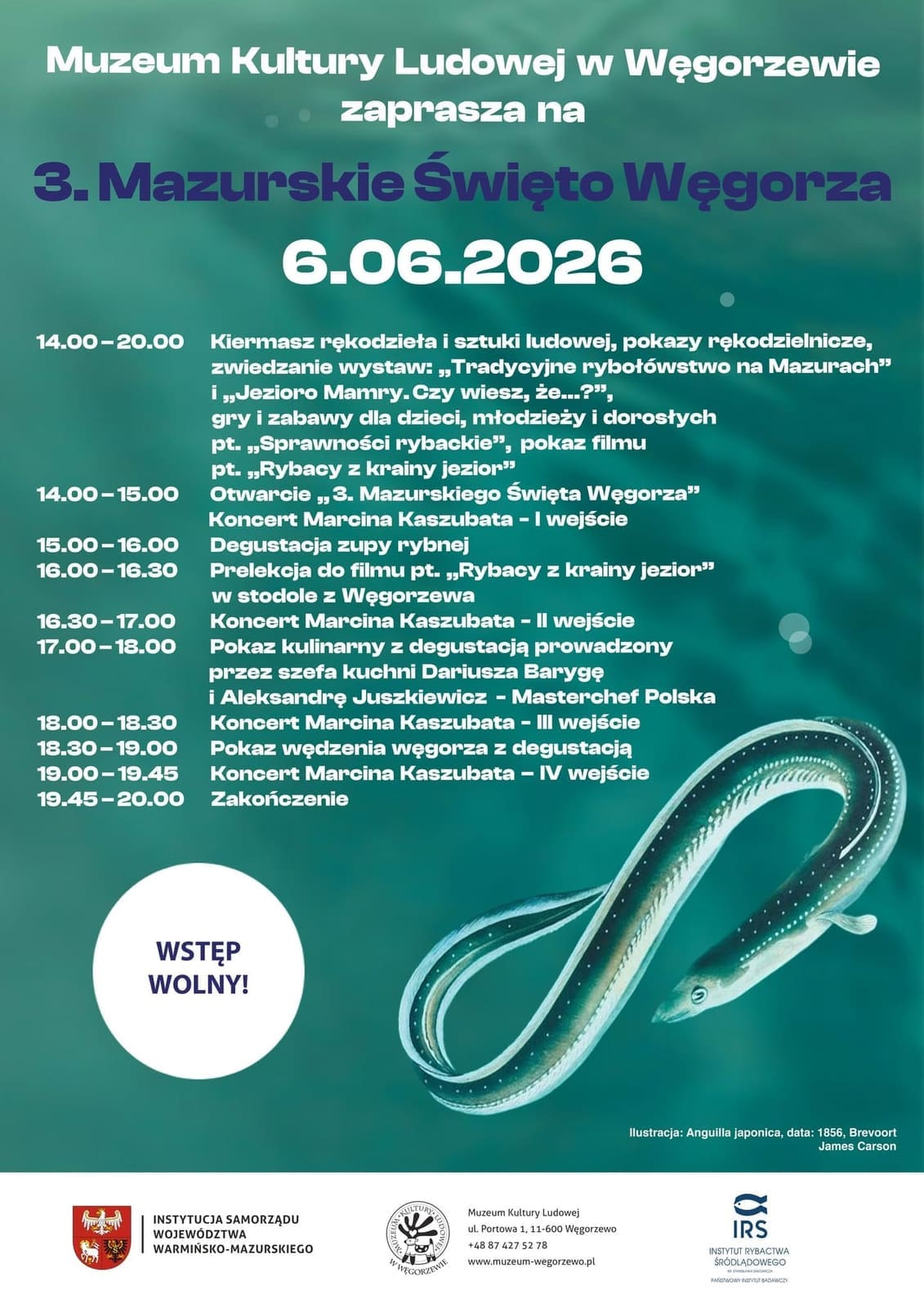 Masurian Eel Festival – event poster at the Folk Culture Museum in Węgorzewo